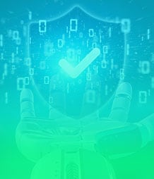 robotic hand with a security symbol floating above