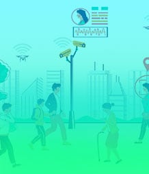 people walking and biking outside while security systems identify