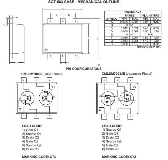 Mechanical Drawing - Central Semiconductor CMLDM7 Small Signal N & P-Channel MOSFET