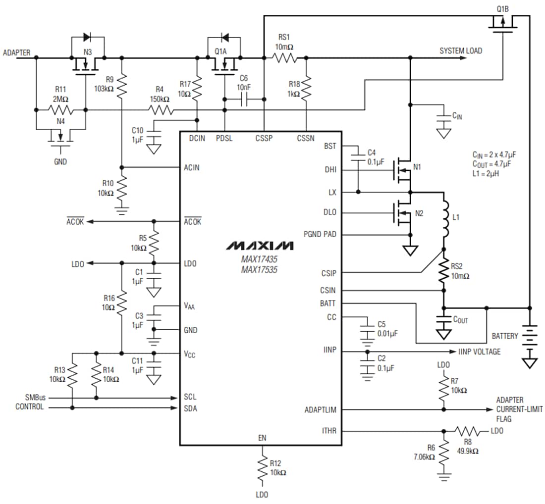 Applikations-Schaltungsdiagramm - Analog Devices / Maxim Integrated MAX17435 SMBus Ladegeräte