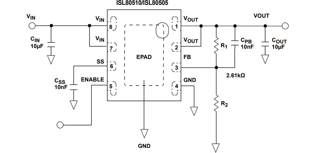 Applikations-Schaltungsdiagramm - Renesas Electronics ISL805xx High Performance Low Dropout Voltage Regulator