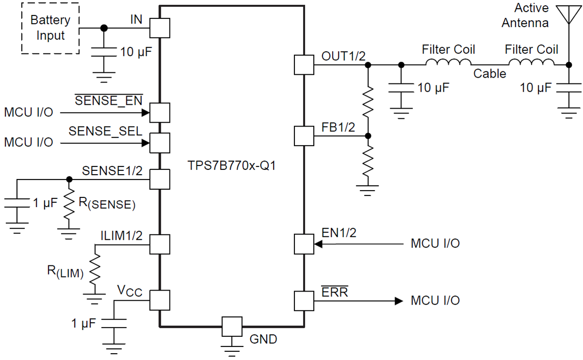 Applikations-Schaltungsdiagramm - Texas Instruments TPS7B7701/02-Q1 Einzel/Dual-Antenne-LDO