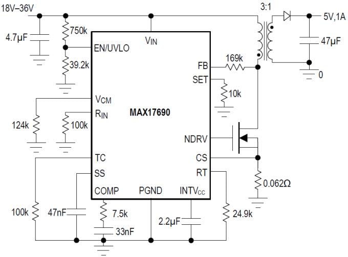Applikations-Schaltungsdiagramm - Analog Devices / Maxim Integrated MAX17690 Isolierter Flyback-Controller