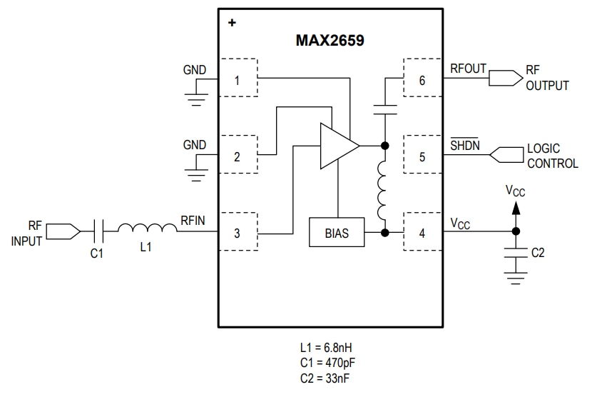 Blockdiagramm - Analog Devices / Maxim Integrated MAX2659 Rauscharmer GPS-Verstärker
