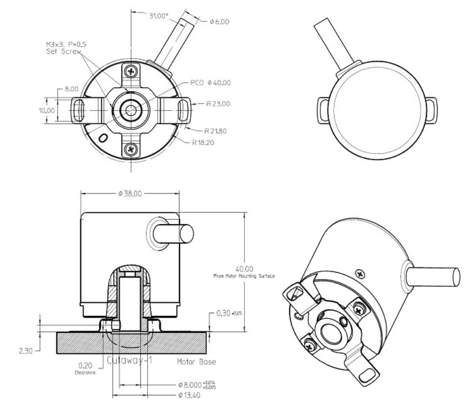 Technische Zeichnung - Broadcom AS38-H39E-SX Absolute-House-Multiturn-Encoder
