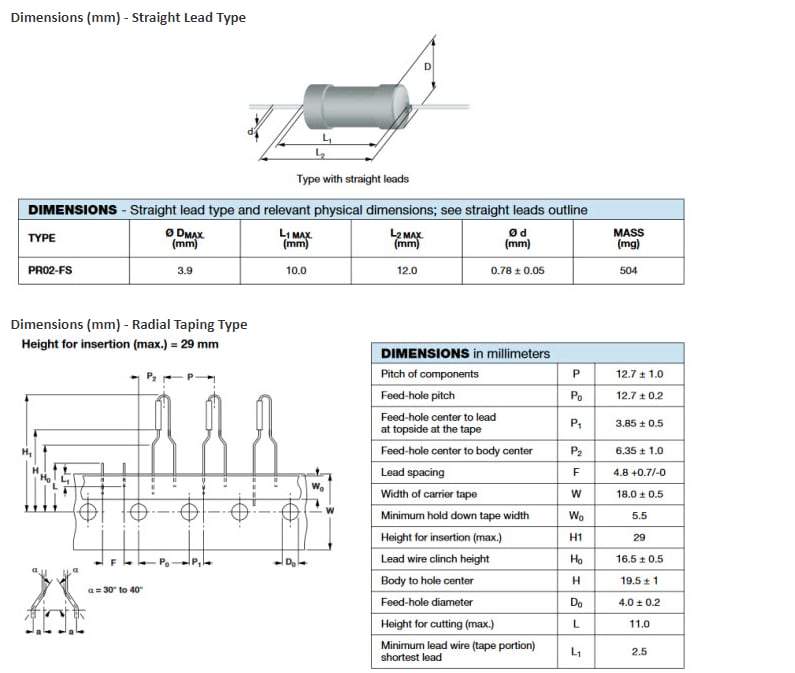Technische Zeichnung - Vishay / BC Components PR02-FS Metallschicht-Sicherungswiderstände