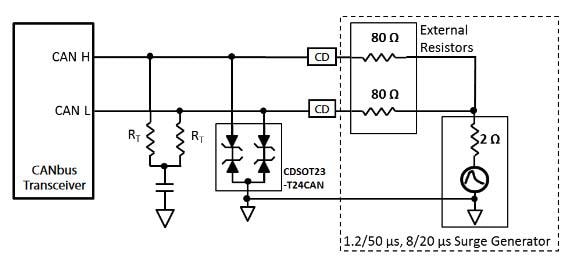 Applikations-Schaltungsdiagramm - Bourns CDSOT23-T24CAN-Q AEC-Q101 CANbus-Schutzvorrichtungen