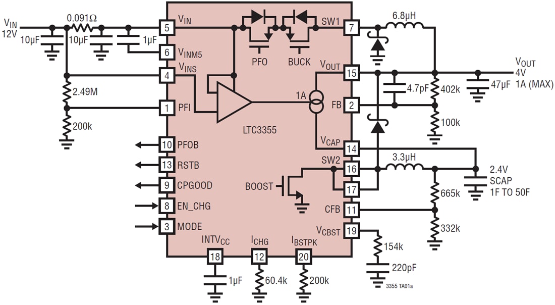 Applikations-Schaltungsdiagramm - Analog Devices Inc. LTC3355 DC/DC-Abwärtswandler mit integrierten SCAP-Ladegeräten