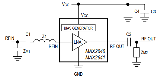 Applikations-Schaltungsdiagramm - Analog Devices / Maxim Integrated MAX2640/MAX264 Extrem rauscharme SiGe-Verstärker