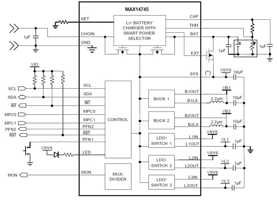 Applikations-Schaltungsdiagramm - Analog Devices / Maxim Integrated MAX14745 Wearable Ladeverwaltungslösung