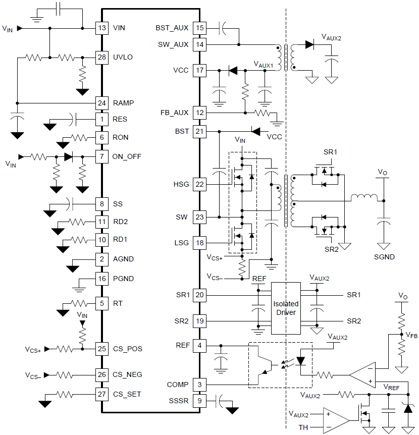 Applikations-Schaltungsdiagramm - Texas Instruments LM5036 Halbbrücken-PWM-Controller