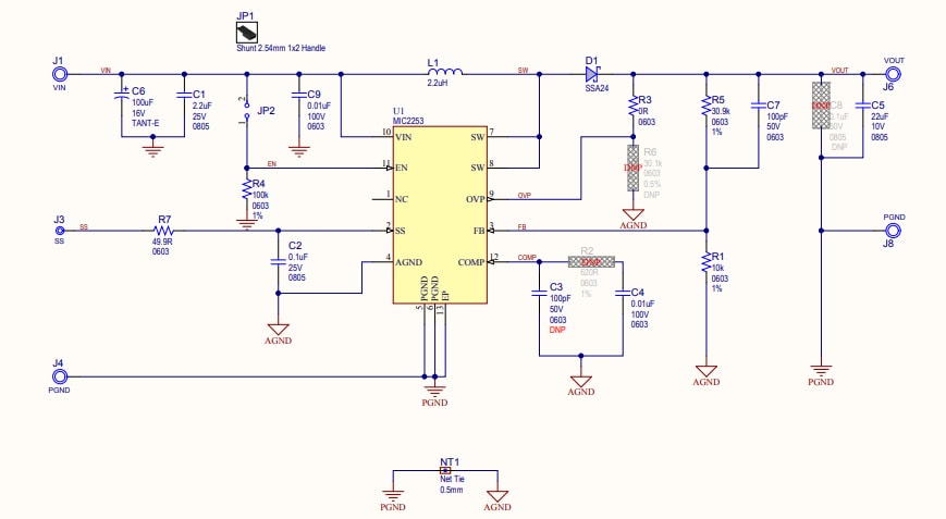 Schaltplan - Microchip Technology MIC2253 Aufwärtsregler-Evaluierungsboard
