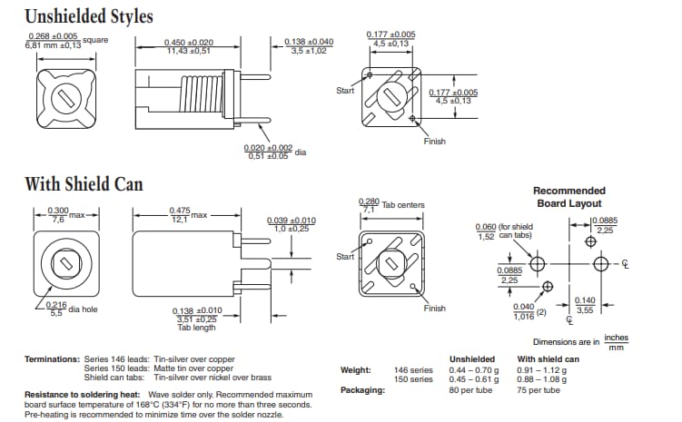 Technische Zeichnung - Coilcraft 146- und 150-Baureihe Abstimmbare 7mm-Spulen