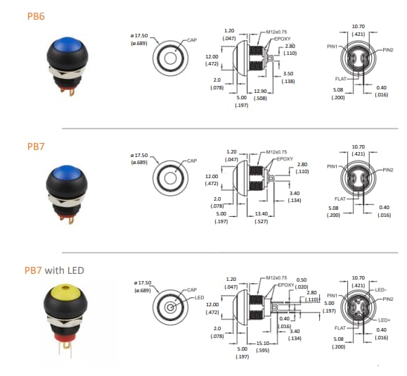 Technische Zeichnung - TE Connectivity / Alcoswitch IP68-Sub-Miniatur-Druckschalter