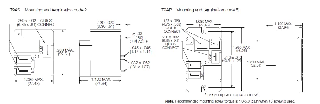 Technische Zeichnung - TE Connectivity T9A 30A-Leistungsrelais