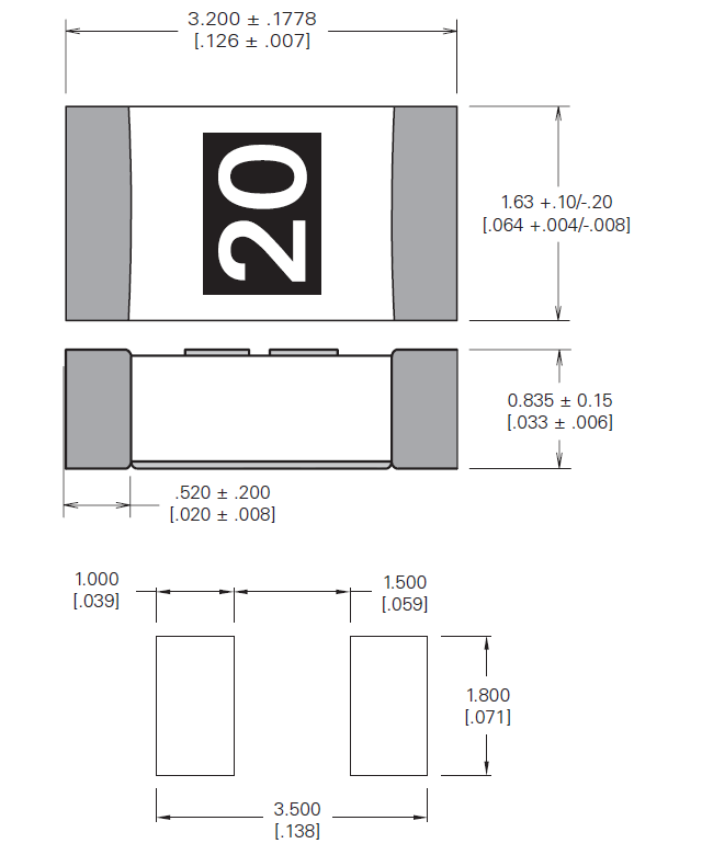 Technische Zeichnung - Littelfuse 501A AECQ-konforme schnelle Hochstromsicherungen