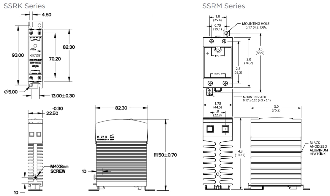 Technische Zeichnung - TE Connectivity / Potter & Brumfield SSRK- und SSRM-Solid State Relais