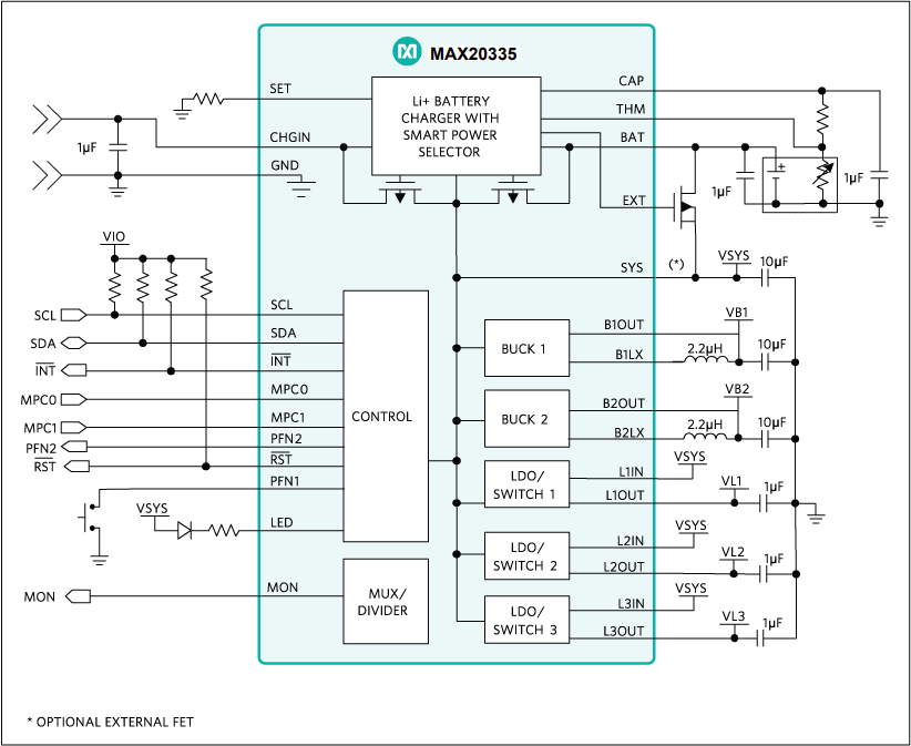 Applikations-Schaltungsdiagramm - Analog Devices / Maxim Integrated MAX20335 Wearable Ladeverwaltungs-PMIC