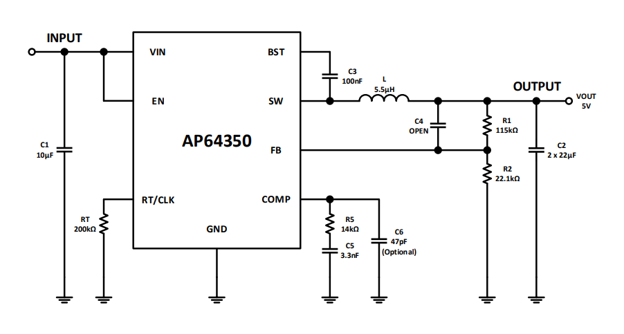Applikations-Schaltungsdiagramm - Diodes Incorporated AP64350 Abwärtswandler