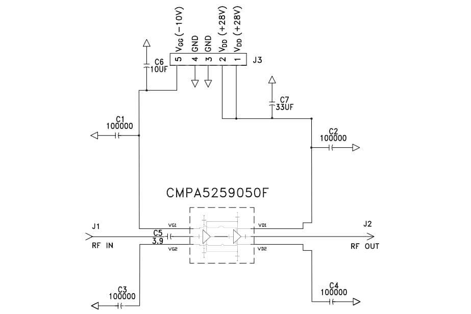 Schaltplan - MACOM CMPA5259050F-AMP Demonstrations-Verstärkerschaltung