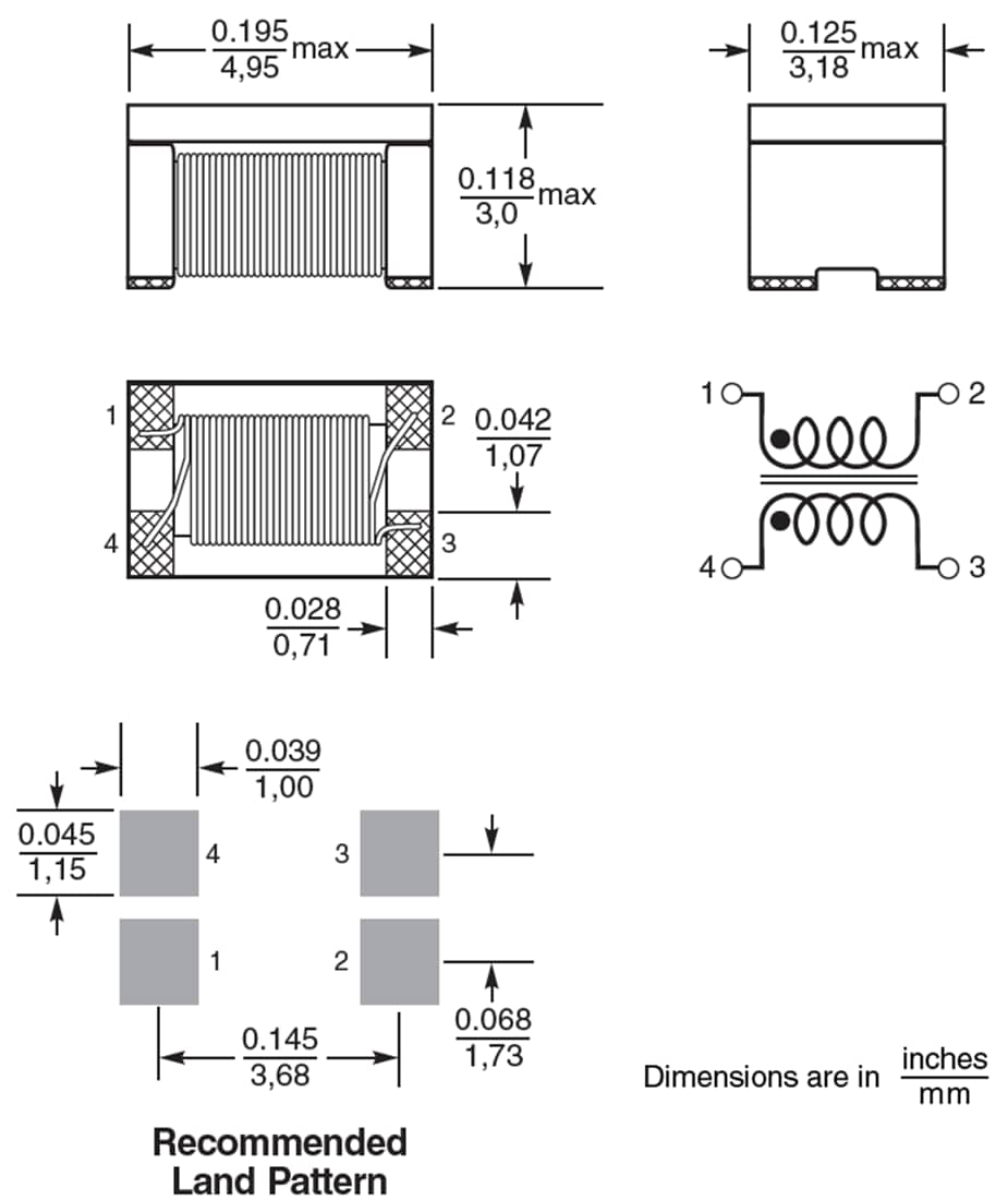 Technische Zeichnung - Coilcraft 1812CAN Gleichtakt-Drosselinduktivitäten