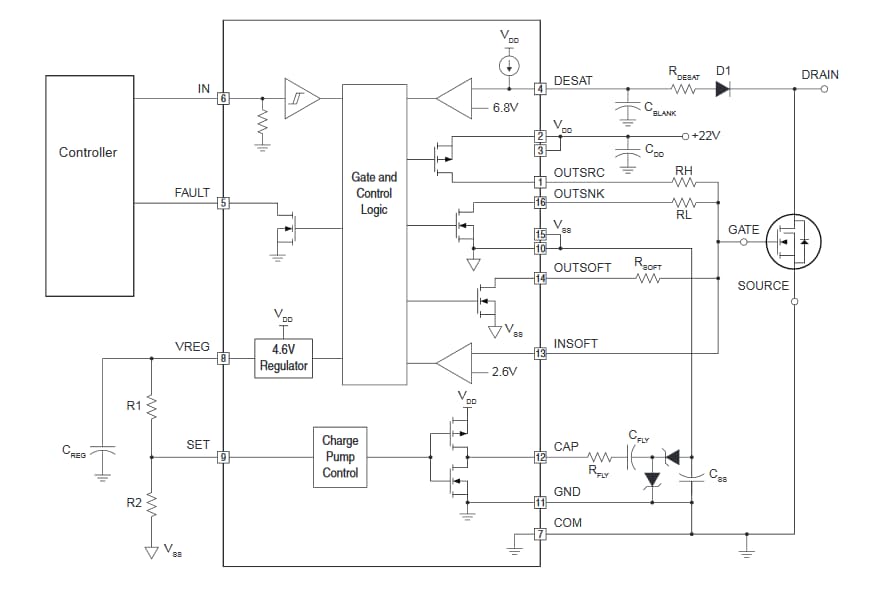Applikations-Schaltungsdiagramm - IXYS IX4351NE 9-A-Low-Side-SiC-MOSFET und IGBT-Treiber