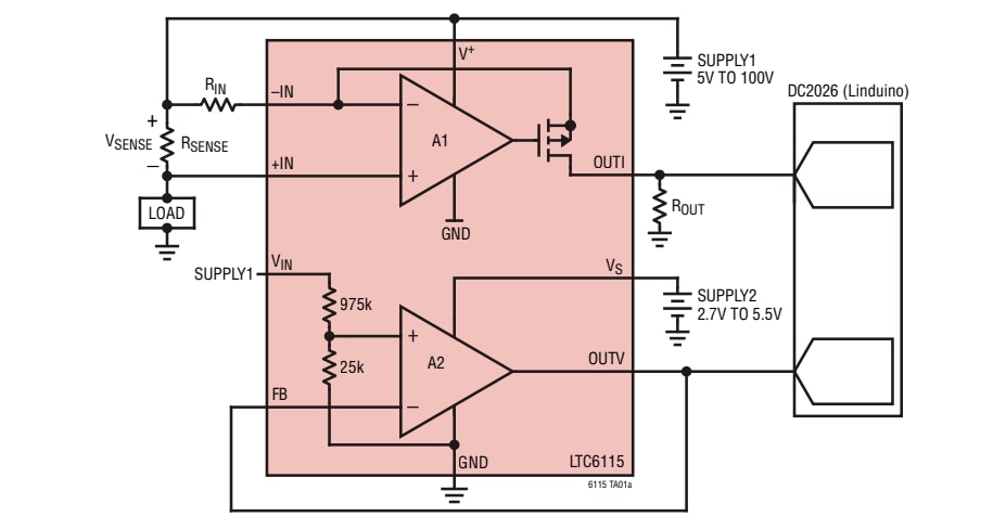 Applikations-Schaltungsdiagramm - Analog Devices Inc. LTC6115 High-Side-Strom- und Spannungsmessung