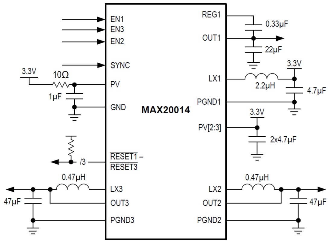 Applikations-Schaltungsdiagramm - Analog Devices / Maxim Integrated MAX20014 Aufwärts- und Dual-Abwärtswandler