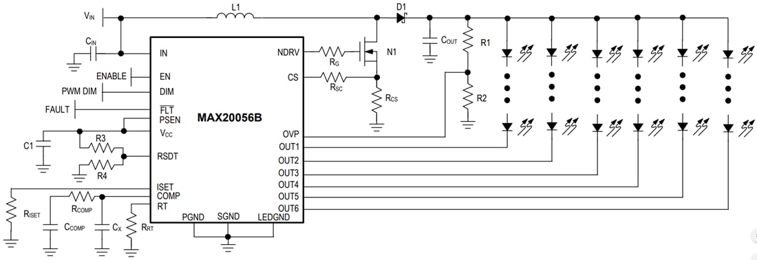 Schaltplan - Analog Devices / Maxim Integrated MAX20056B 6-Kanal-LED-Treiber mit hoher Helligkeit