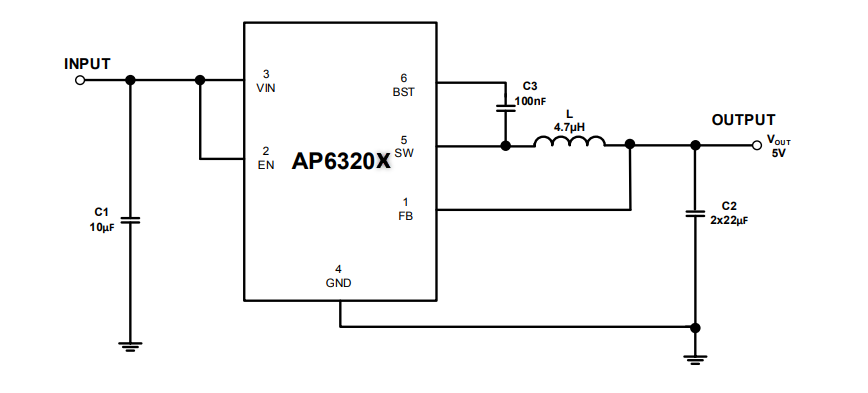Applikations-Schaltungsdiagramm - Diodes Incorporated AP6320x Synchrone Abwärtswandler