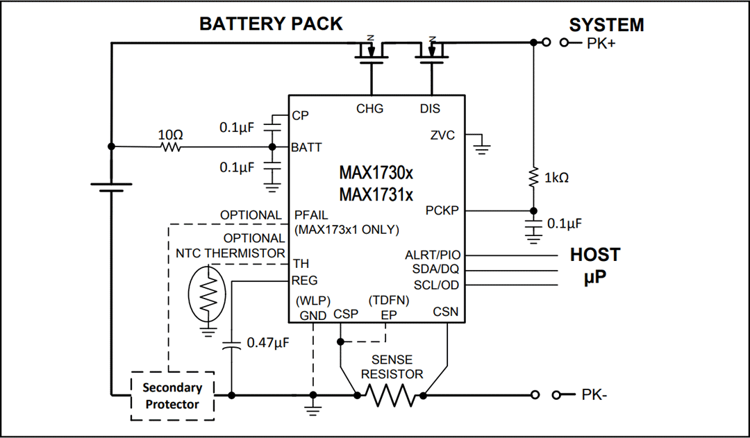 Applikations-Schaltungsdiagramm - Analog Devices / Maxim Integrated MAX17301 bis MAX17303/MAX17311 bis MAX17313 Batteriestandanzeigen