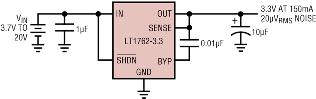 Applikations-Schaltungsdiagramm - Analog Devices Inc. LT1762 Rauscharme 150-mA-Mikropower-LDO-Regler