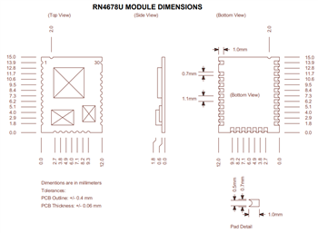 Technische Zeichnung - Microchip Technology RN4678 BLUETOOTH®-Dual-Modus-Module
