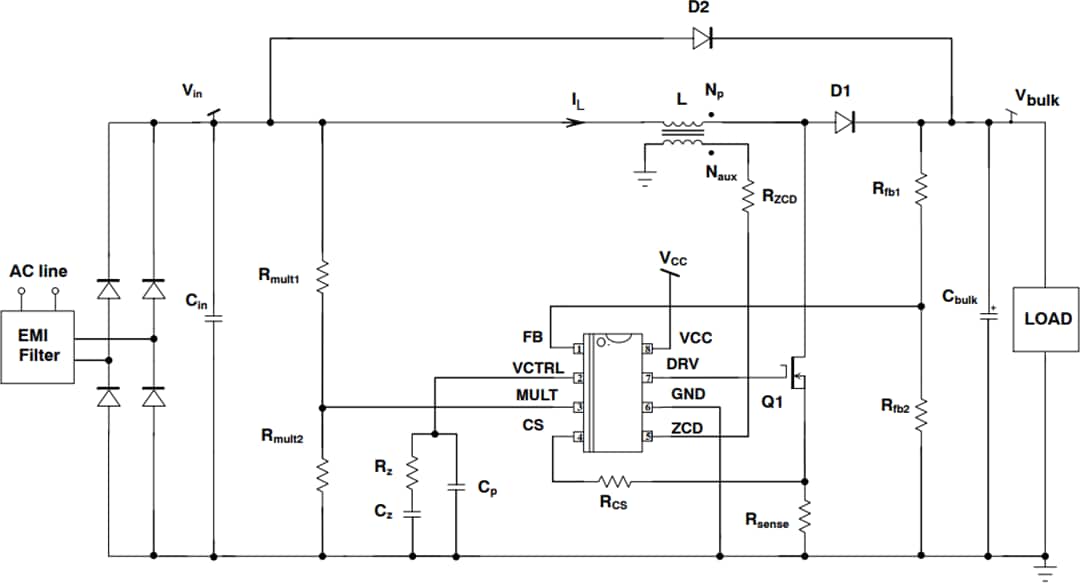 Applikations-Schaltungsdiagramm - onsemi NCL2801 Leistungsfaktor-Controller