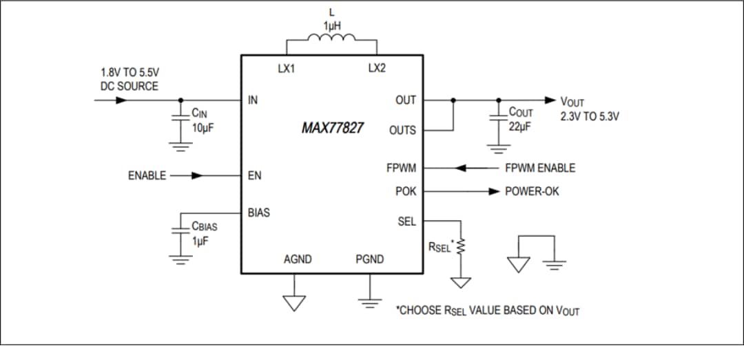 Applikations-Schaltungsdiagramm - Analog Devices / Maxim Integrated MAX77827 Auf-/Abwärts-Schaltwandler