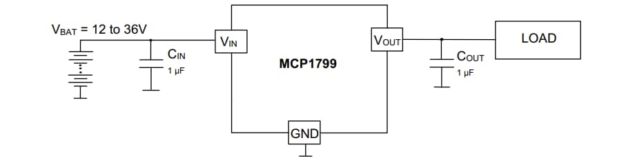 Applikations-Schaltungsdiagramm - Microchip Technology MCP1799 Hochspannungs-LDO-Regler