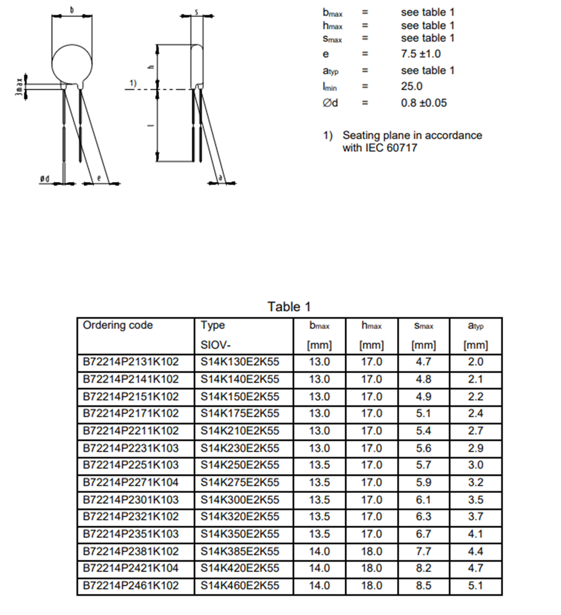Tabelle - EPCOS / TDK B72214P Bedrahtete Varistoren