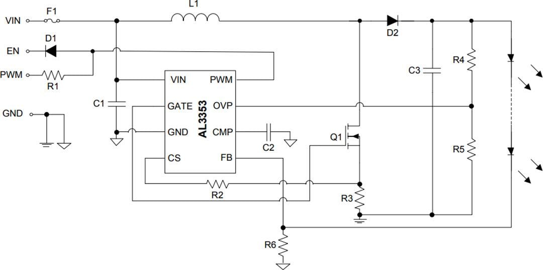 Applikations-Schaltungsdiagramm - Diodes Incorporated AL3353 Hochleistungs-Aufwärts-LED-Controller