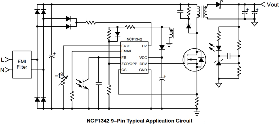 Applikations-Schaltungsdiagramm - onsemi NCP1342 Quasi-Resonanz-Flyback-Controller