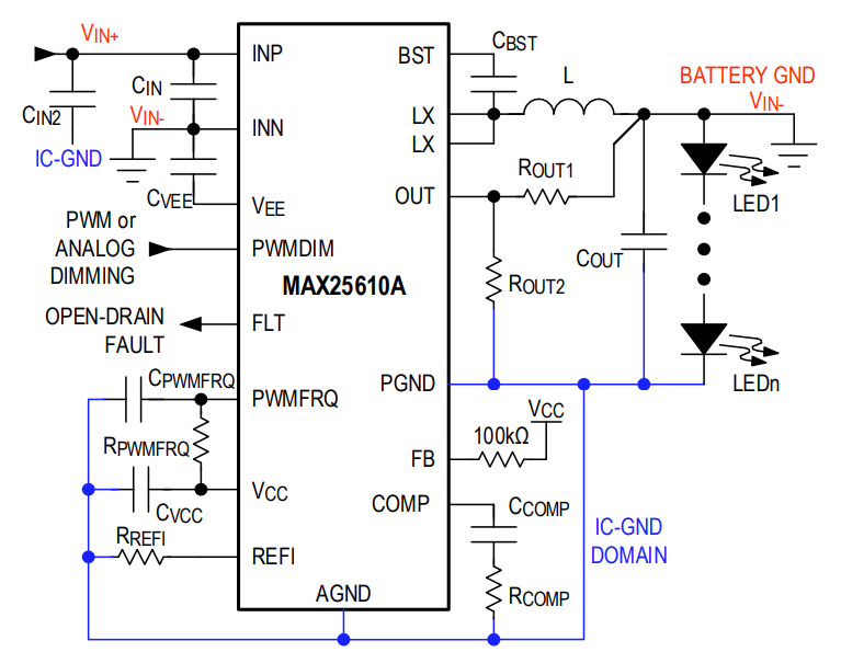 Applikations-Schaltungsdiagramm - Analog Devices / Maxim Integrated MAX25610x Abwärts- und Auf-/Abwärtswandler-LED-Treiber