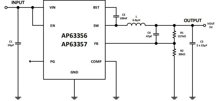 Applikations-Schaltungsdiagramm - Diodes Incorporated AP63356 und AP63357 Synchrone Abwärtswandler