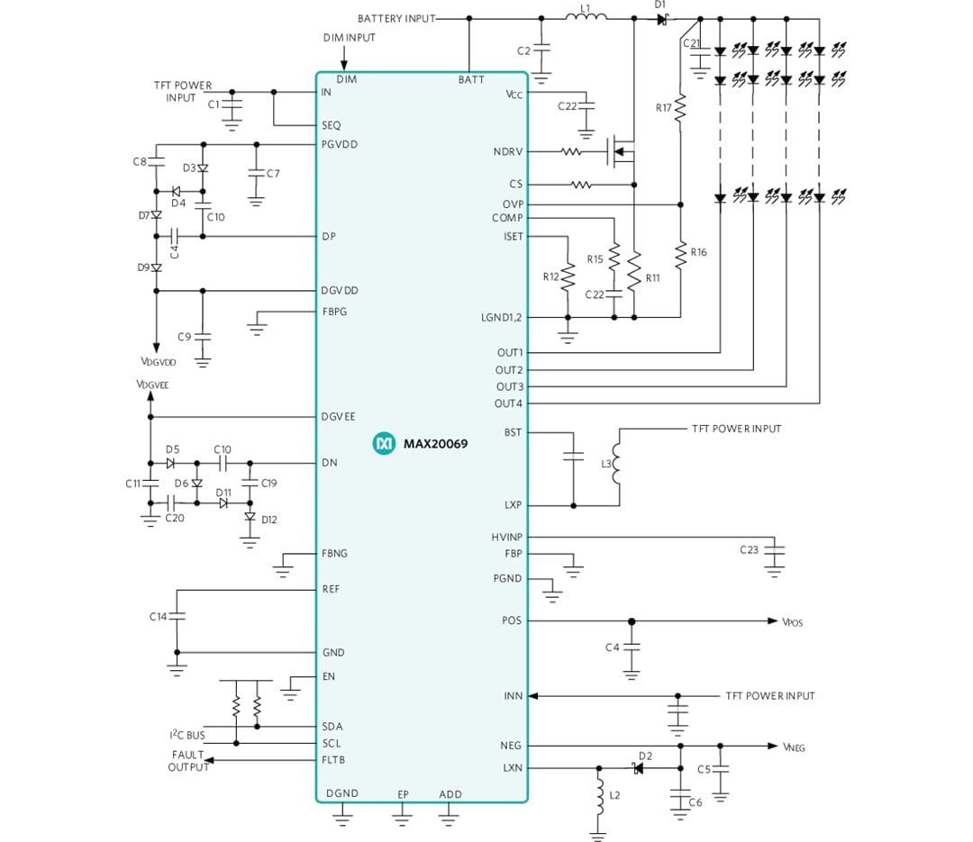 Application Circuit Diagram - Analog Devices / Maxim Integrated MAX20069 Automotive LED Backlight Driver