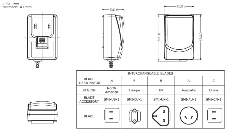 Technische Zeichnung - CUI Inc SMI6 AC/DC-Netzteile