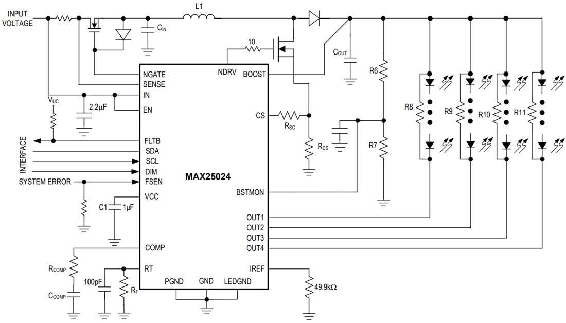 Applikations-Schaltungsdiagramm - Analog Devices Inc. MAX25024 Vierkanal-LED-Treiber