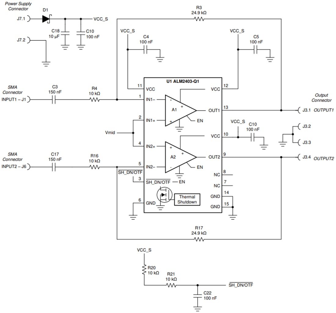 Schaltplan - Texas Instruments ALM2403Q1EVM Operationsverstärker-Evaluierungsmodul (EVM)