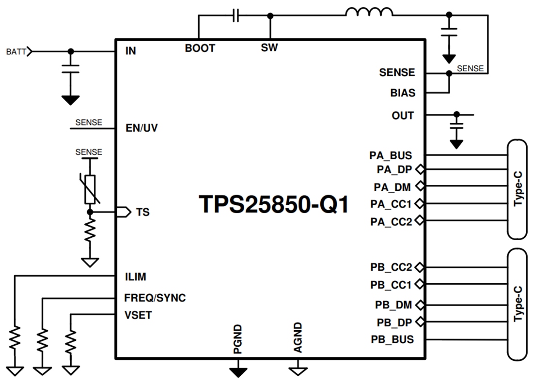 Schaltplan - Texas Instruments TPS258x-Q1 Integrierte USB-Ladeanschlusslösung