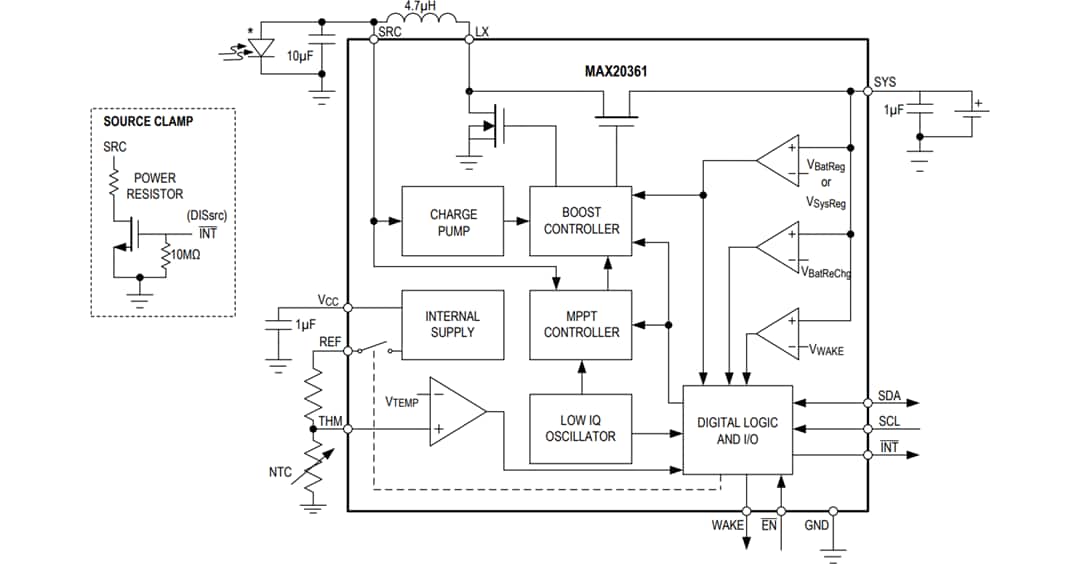 Applikations-Schaltungsdiagramm - Analog Devices Inc. MAX20361 Einzellen-/Multizellen-Solar-Harvester 