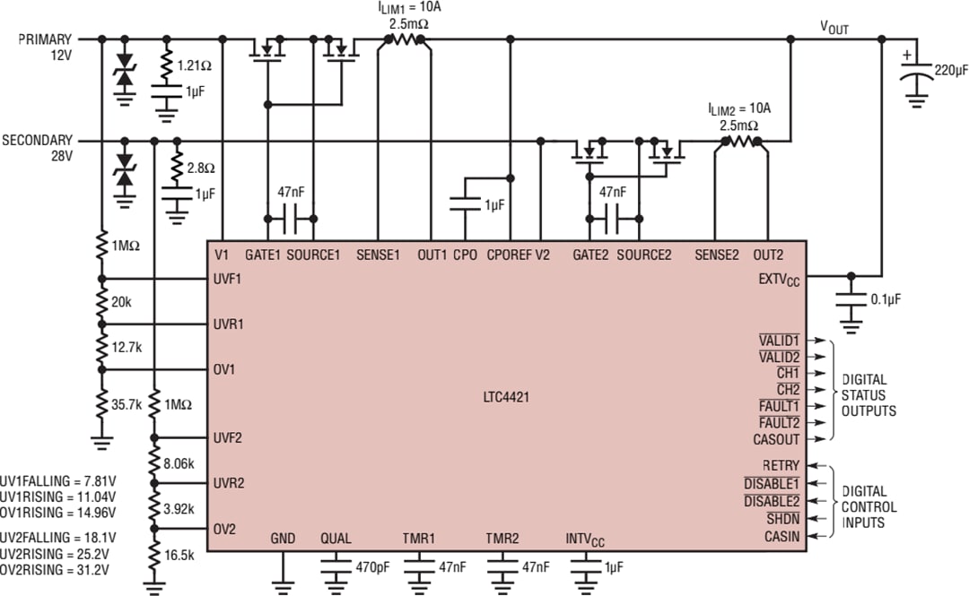 Applikations-Schaltungsdiagramm - Analog Devices Inc. LTC4421 Priorisierter PowerPath™-Regler