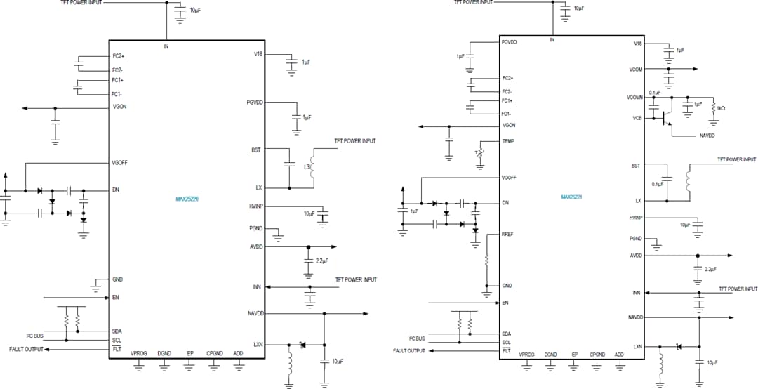 Applikations-Schaltungsdiagramm - Analog Devices Inc. MAX25220/1/1B Automotive-Vierkanal-TFT-LCD-Leistungs-ICs
