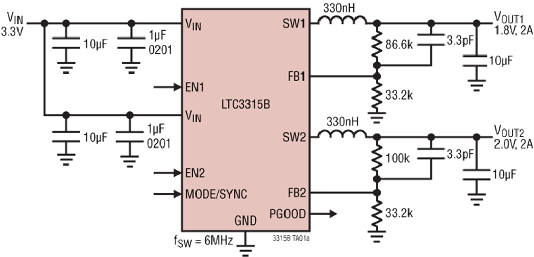 Applikations-Schaltungsdiagramm - Analog Devices Inc. LTC3315B DC2748-Demonstrationsboard